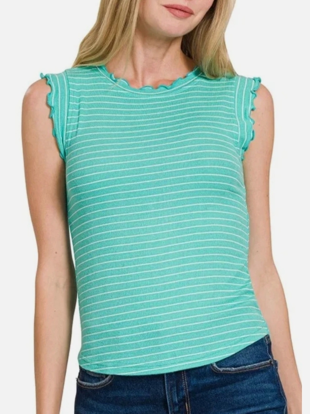 Zenana Women's Mint/White Ribbed Ruffle Trim Sleeveless Stripe Top Sz S,M,L New